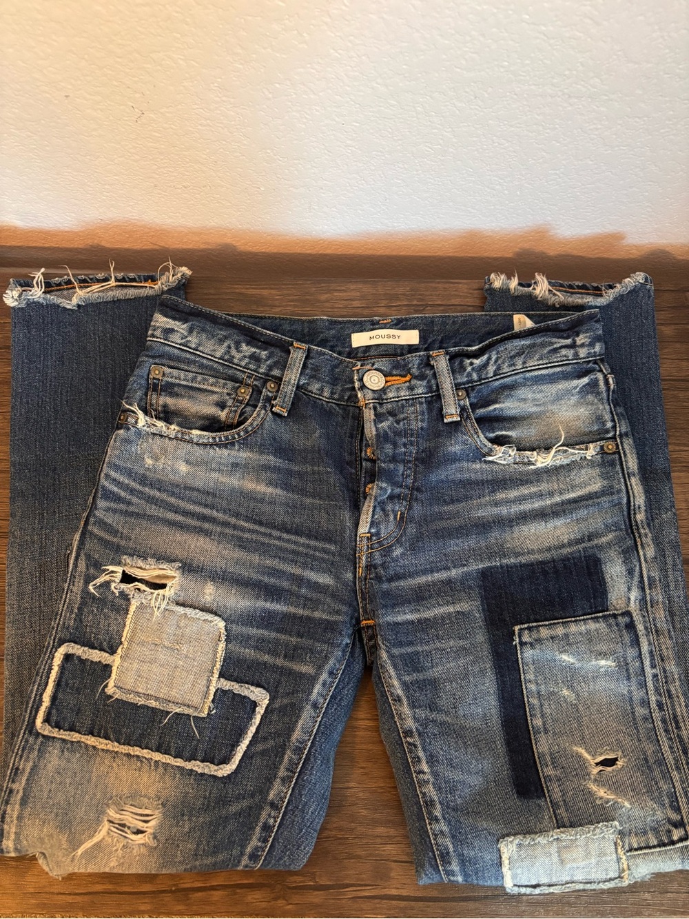 Moussy Distressed Patchwork Blue Denim Jeans